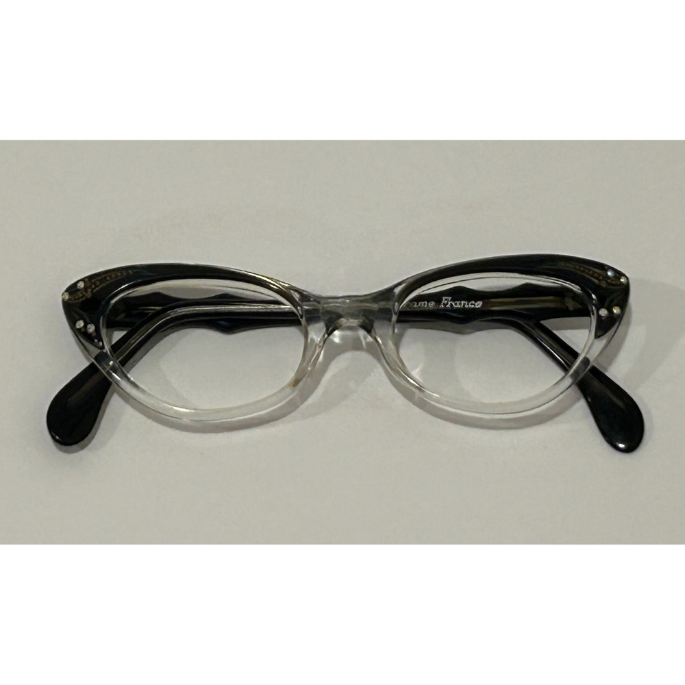 Vintage Frame France Cat Eye Glasses Black Clear Rhinestone 1950s Mid Century